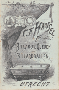 710809 Prijscourant van C.F. Hausel, Fabriekant van Billards, Queuen en Billardballen, [Kapelstraat 40] te Utrecht.